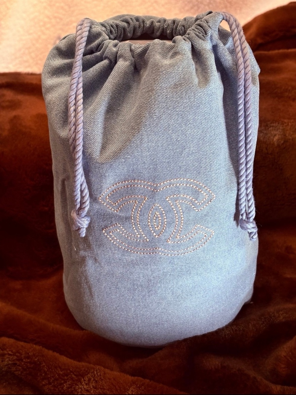 CHANEL Light Blue Drawstring Cosmetic Pouch with CC Stitching